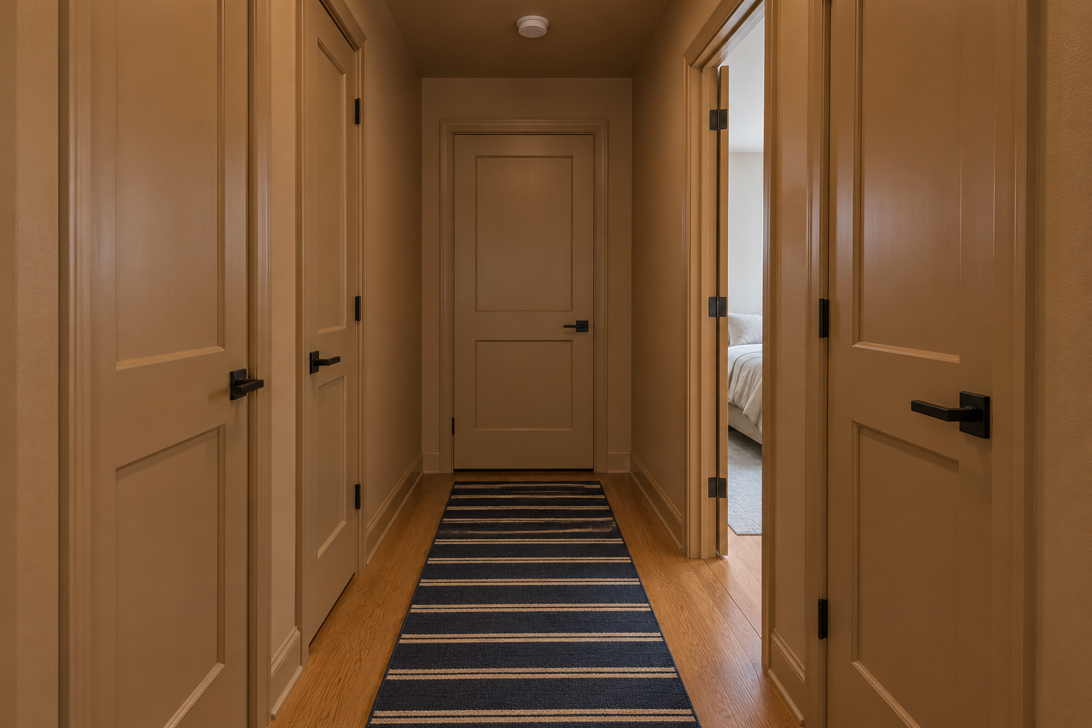 A short hallway with walls, ceiling, and five doors all painted caramel, one door open to a bedroom.