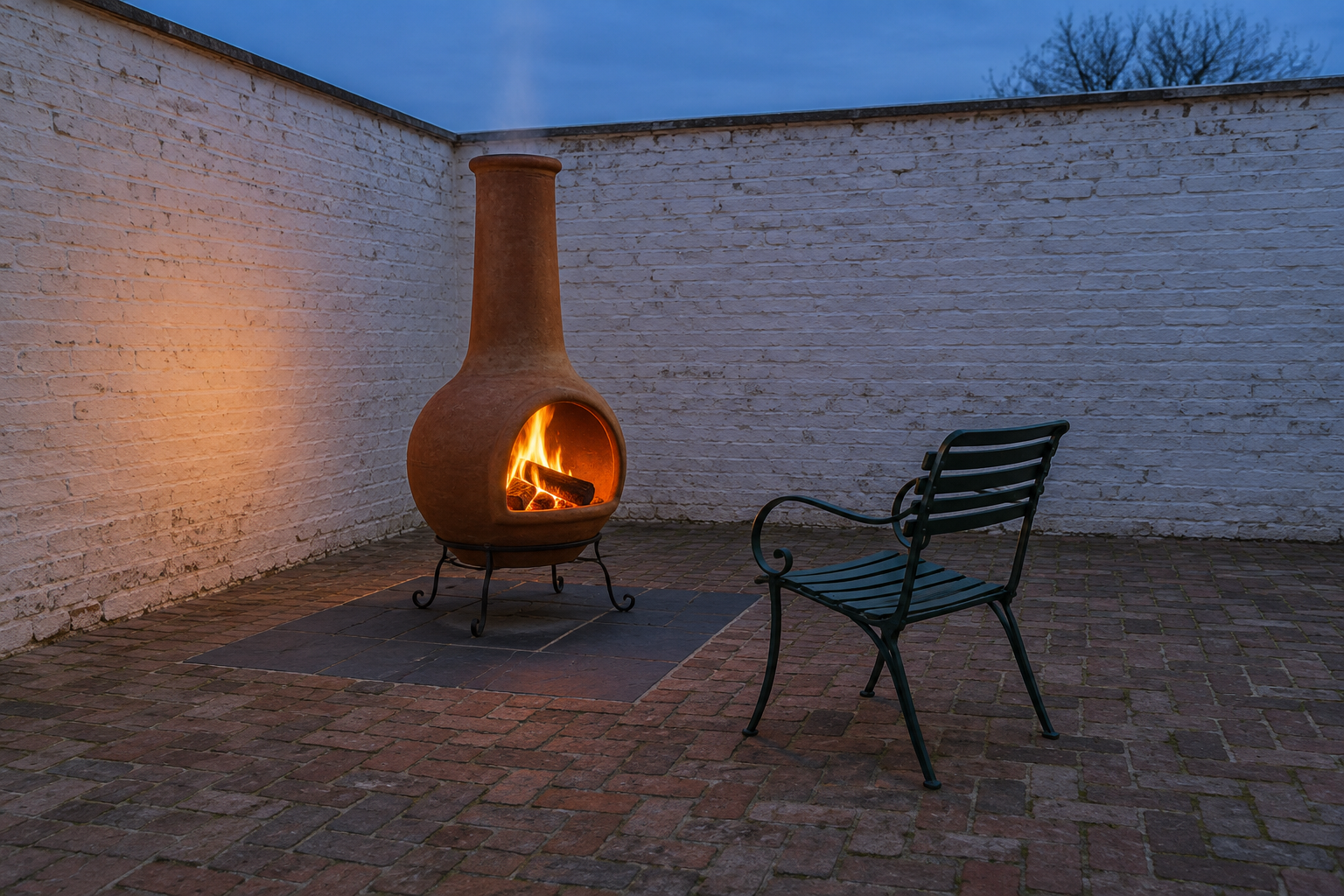 A terracotta chiminea burning in the corner of a small courtyard with whitewashed brick walls, smoke rising from the top of its flue.