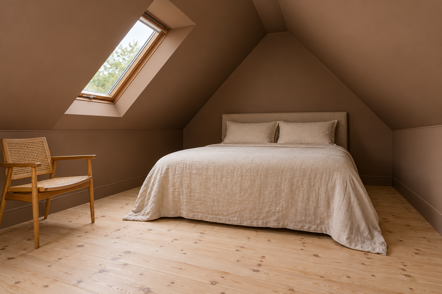 An attic room painted one clay brown across its sloping ceilings, knee walls, and gable wall, so the angles read as one continuous surface.