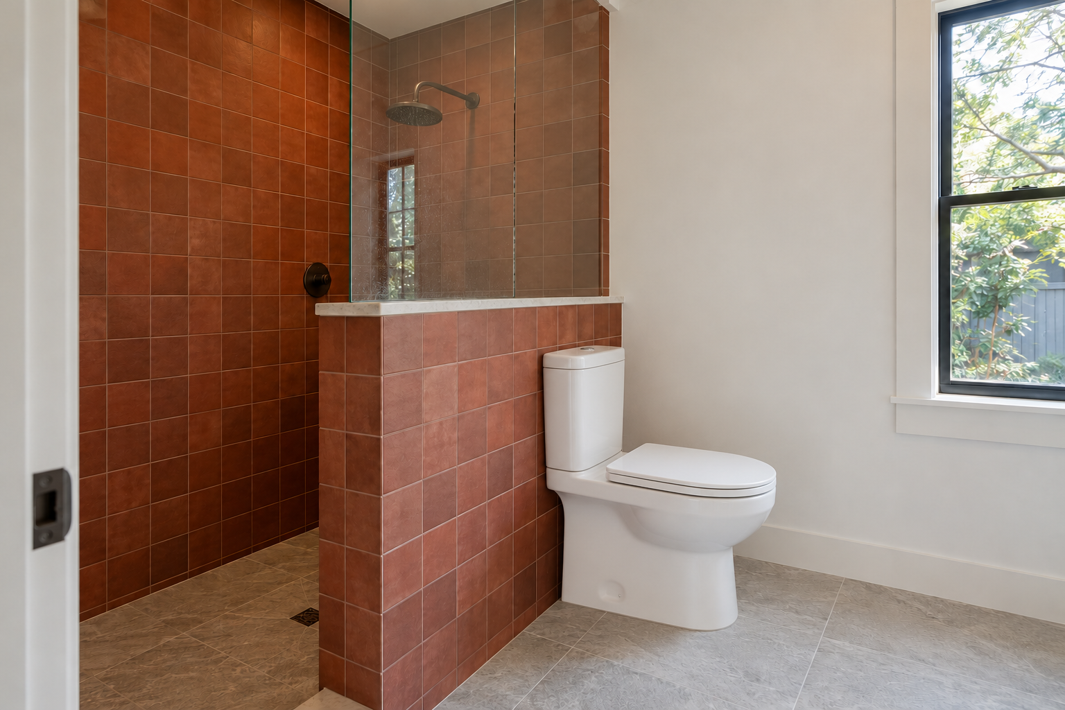 A shower behind a half wall of terracotta red tile with glass above, and a toilet set against the outer side of the wall.