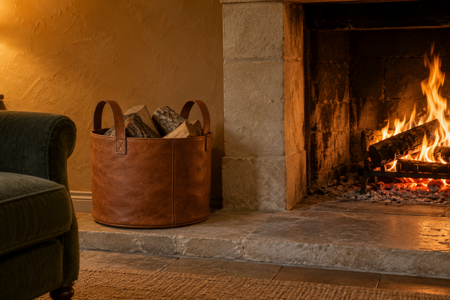 A tan leather log basket with strap handles full of split logs on a stone hearth beside a lit fire, against an ochre wall.