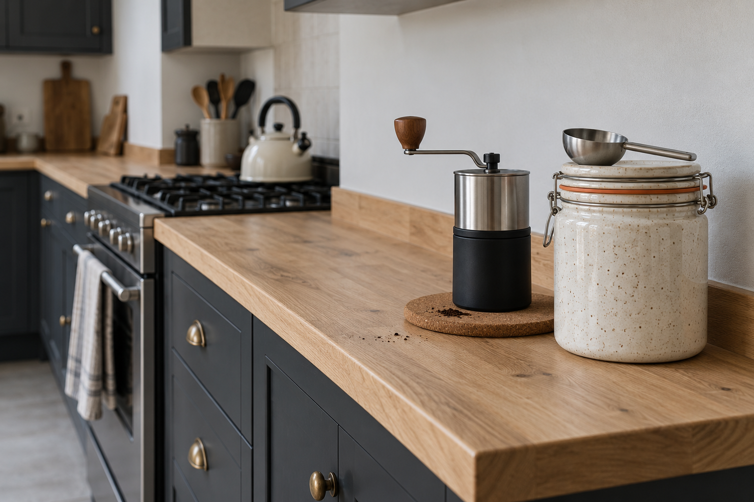 A cream stoneware canister with a clamp lid beside a coffee grinder, at the end of a counter away from the stove.