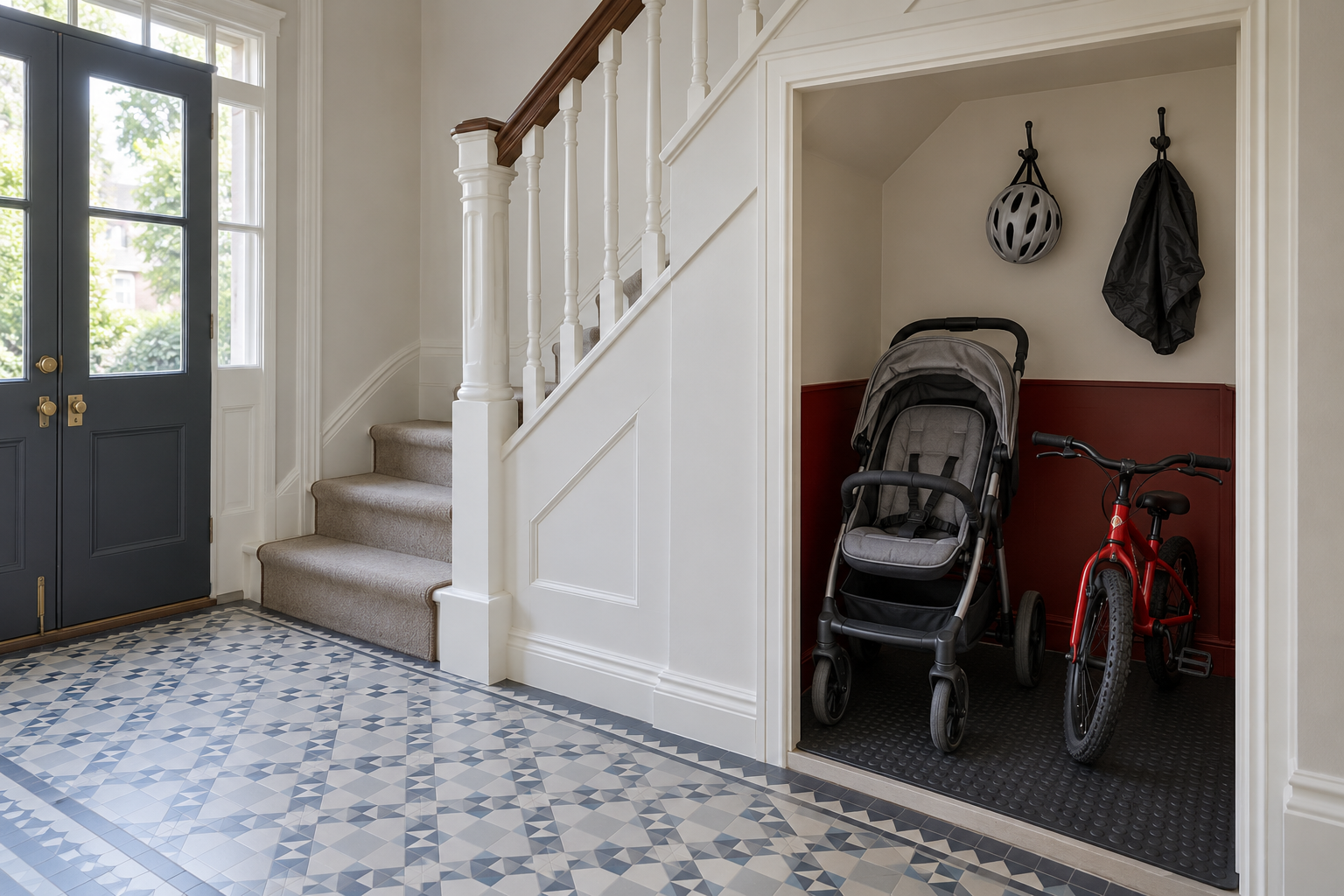 An open bay under a staircase with a stroller and a child's bike parked on a rubber mat and a helmet on a hook.