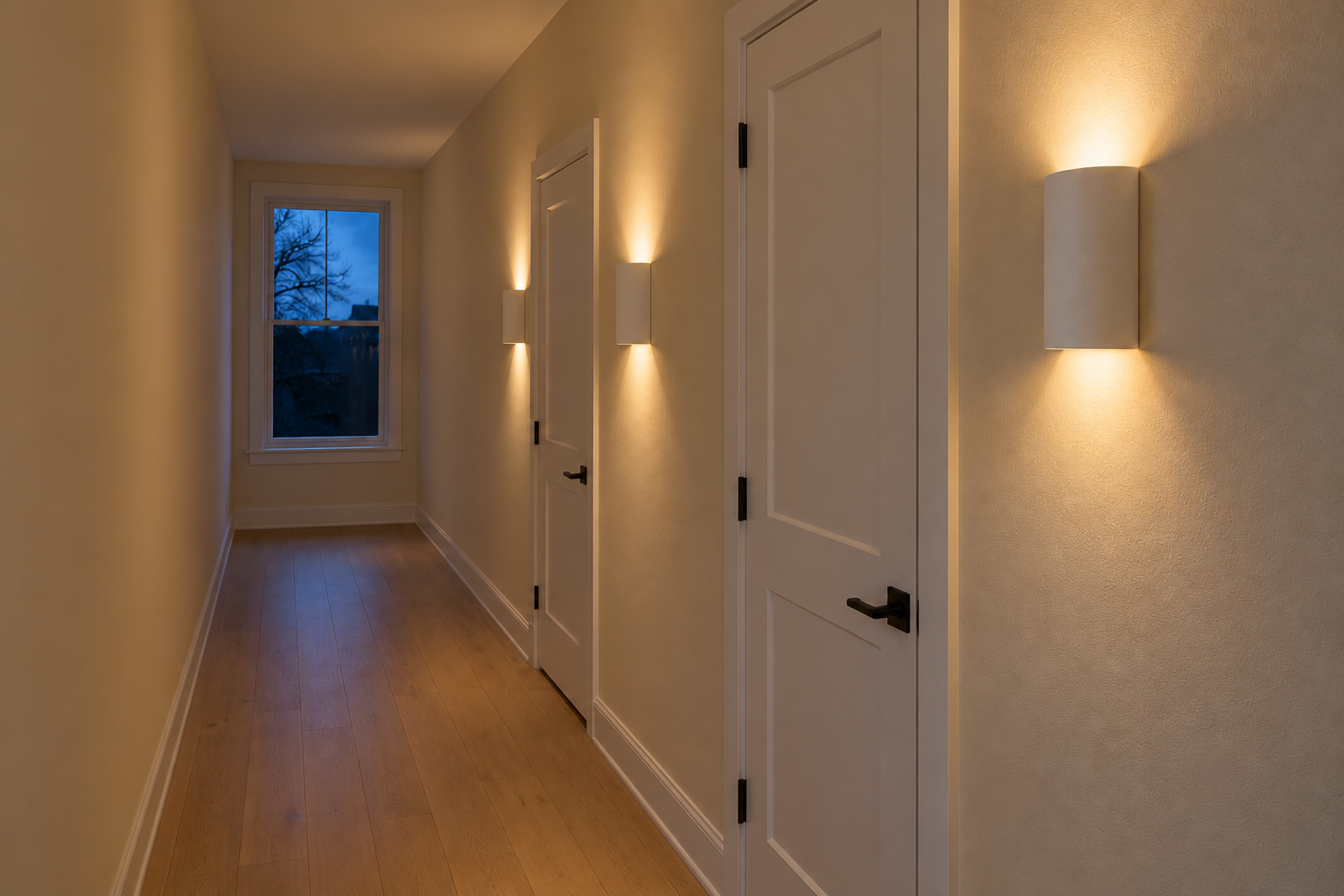 Three slim white plaster wall lights spaced along one wall of a hallway at dusk, each throwing light up and down the wall.
