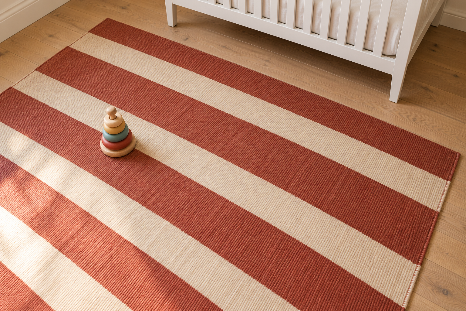 A large red and cream striped cotton rug covering most of a nursery floor, with one wooden stacking toy on it and the legs of a crib at the edge.