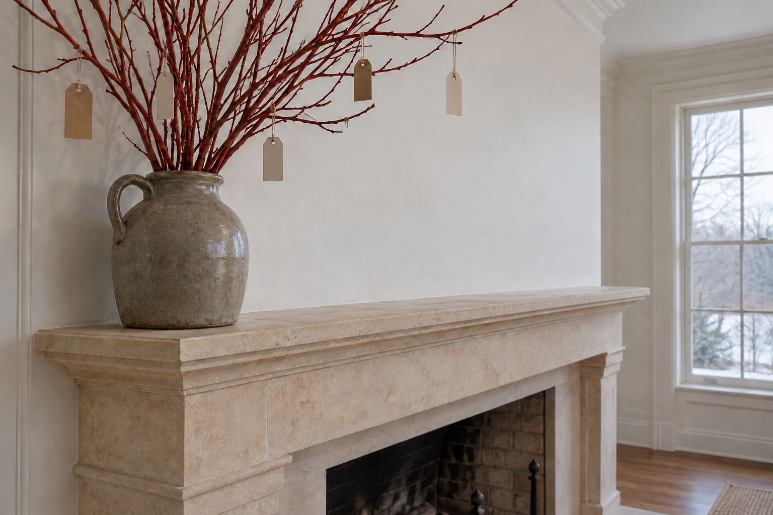 Tall red dogwood stems in a stoneware jug at one end of a stone mantel, with a few plain paper tags hanging from the twigs.