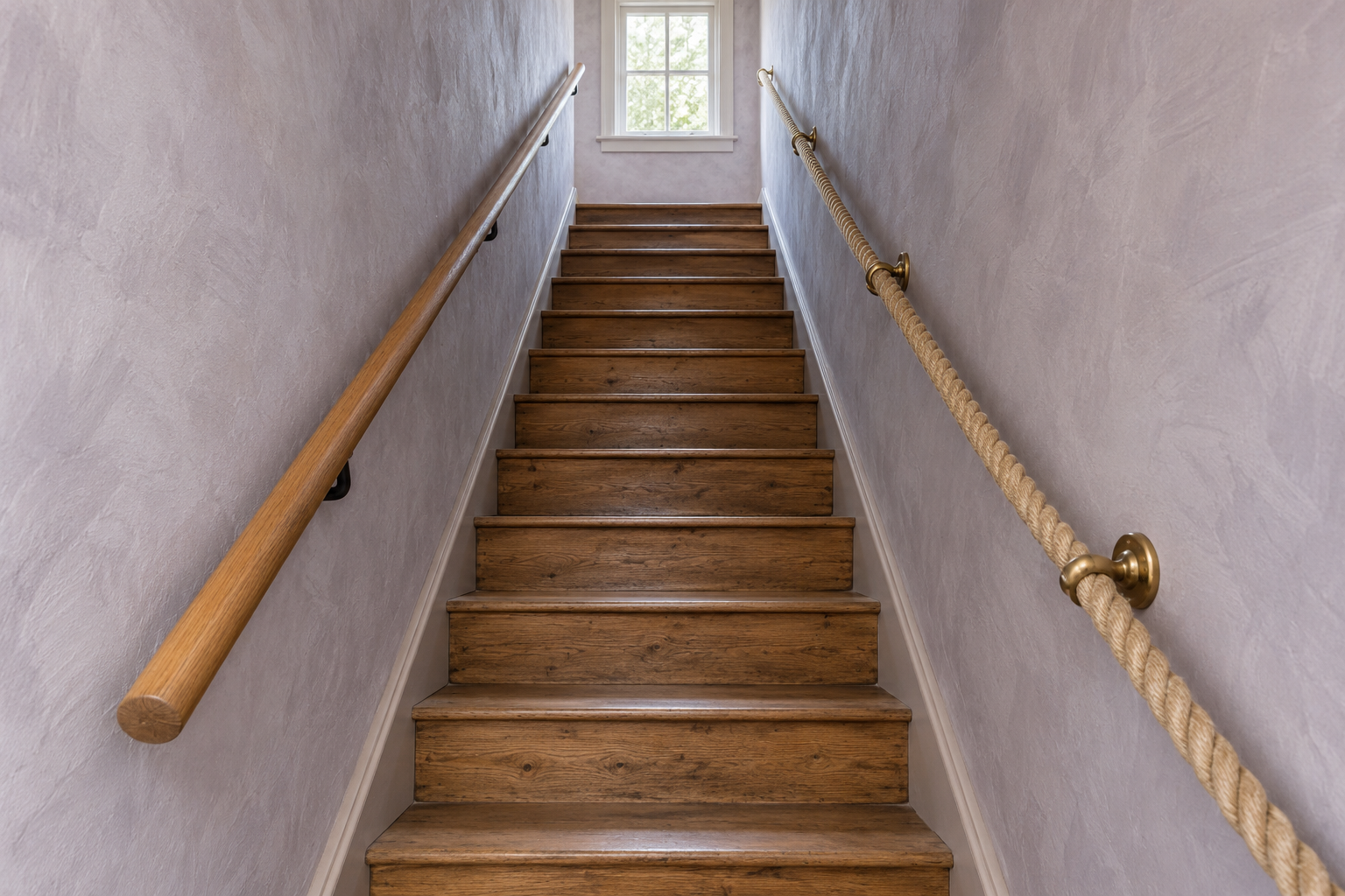 A narrow enclosed staircase with an oak handrail on one wall and a thick rope handrail on brass brackets on the other, between lilac gray limewashed walls.