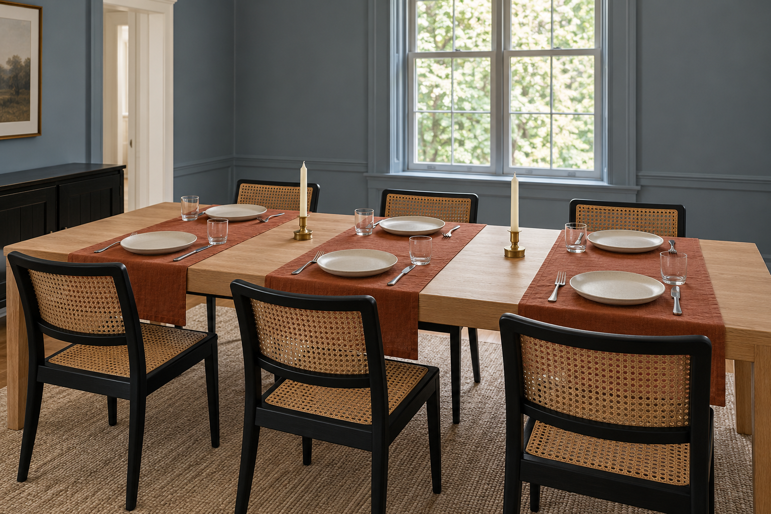 Three rust linen runners laid across a pale oak table, each under a pair of facing place settings, with bare wood between them.