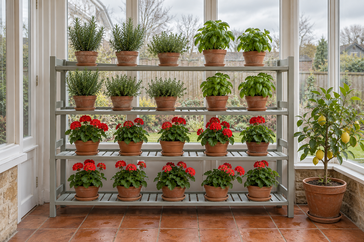 Pale gray slatted wooden shelves along a sunroom's glass wall holding herbs, pelargoniums, and a small lemon tree in terracotta pots.