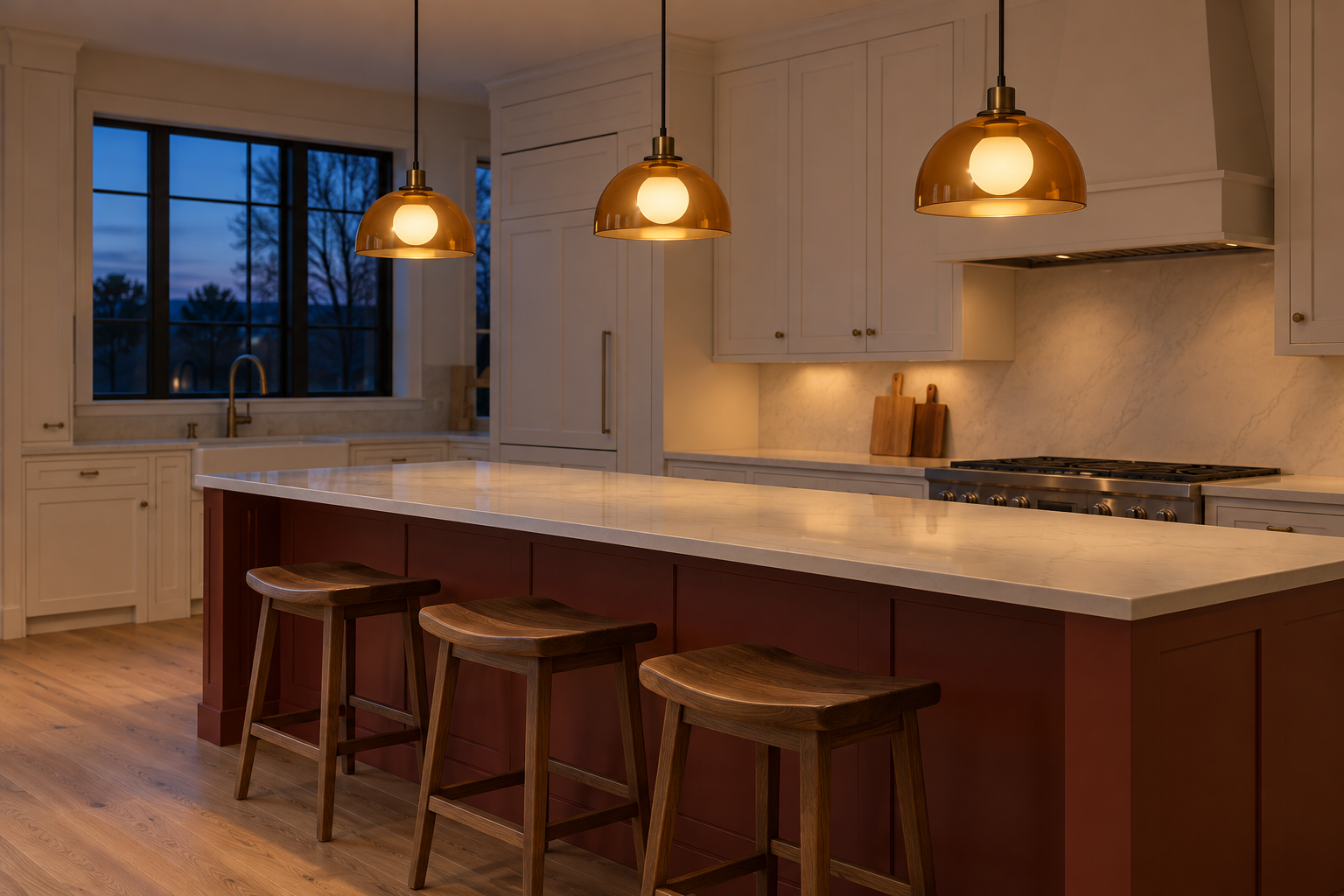 Three amber glass dome pendants hanging low and evenly spaced over a long brick red kitchen island with a white top.