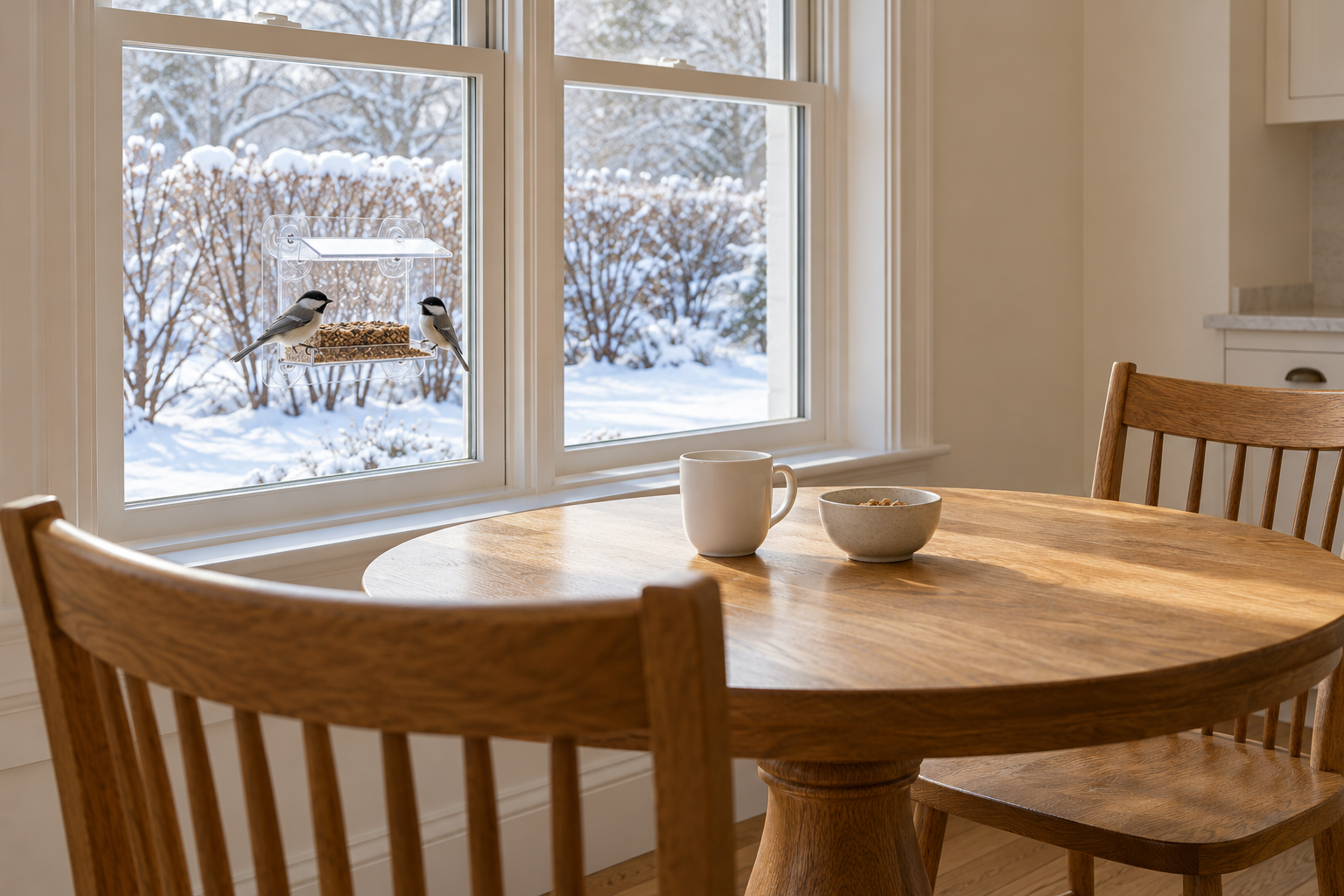 A breakfast table by a window with a clear feeder fixed to the outside of the glass, two small birds on it, and a snowy garden beyond.