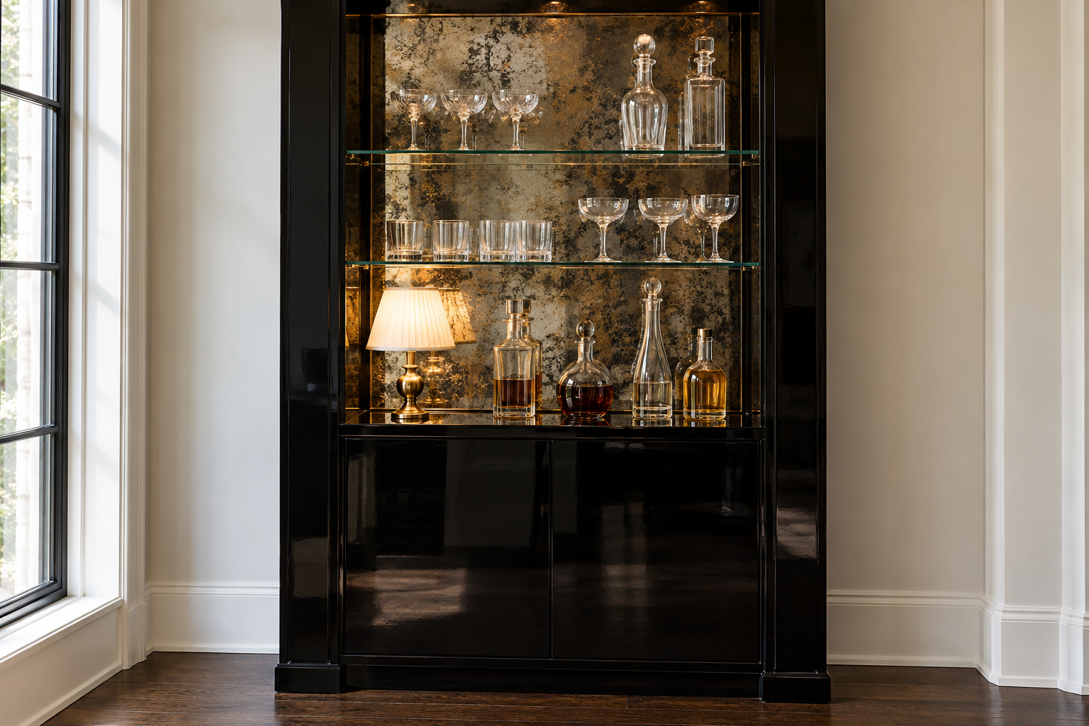 Open bar shelves inside a black lacquered cabinet, backed in clouded antique mirror that reflects the bottles and glasses, with a small brass lamp switched on.