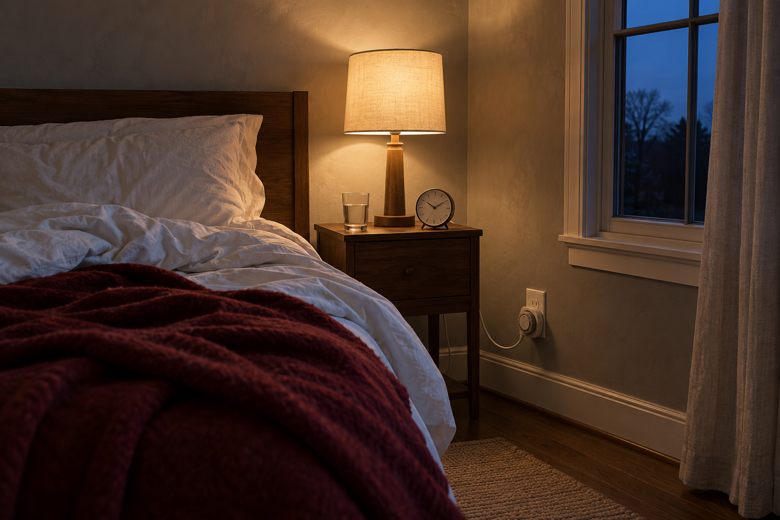 A bedside lamp switched on in a bedroom before dawn, with a dark blue sky at the window and a timer at the wall outlet.