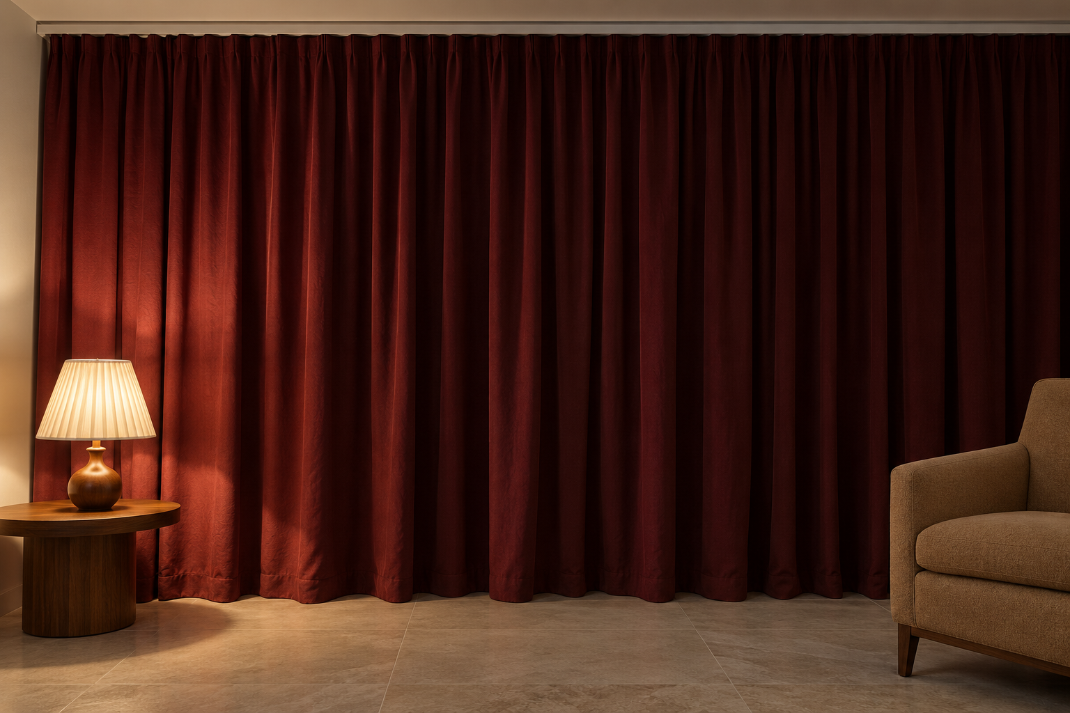 A sunroom at night with deep burgundy lined curtains drawn across the whole glass wall from a ceiling track, lit by a single table lamp.
