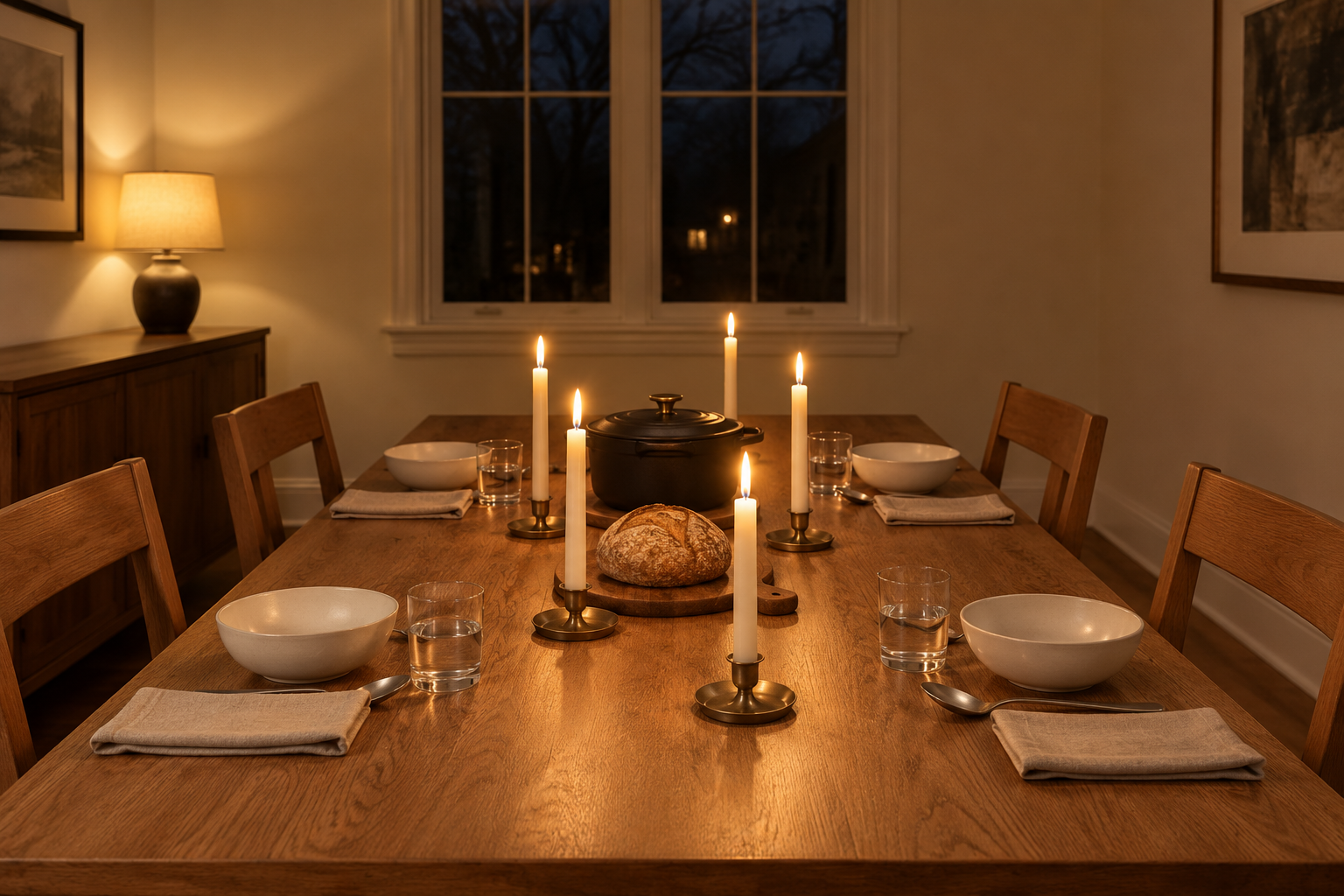 A long oak dining table set simply for four at night, lit by five white candles in low brass holders down the middle, with a pot of stew and bread, in a cream walled dining room.
