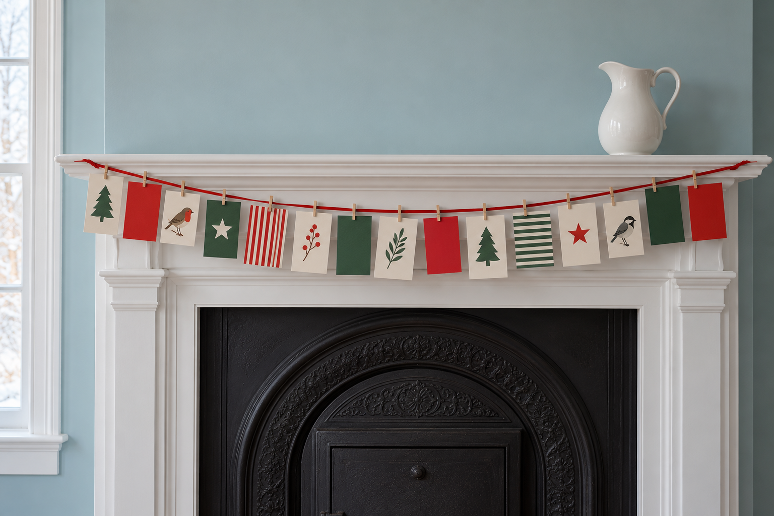 Christmas cards clipped with small wooden pegs to a red ribbon strung across the front of a white mantel.