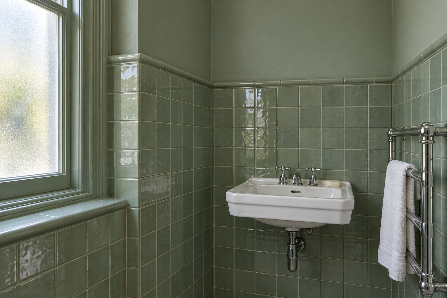 Celadon green bathroom tile with the wall above painted the same green, beside a white basin.