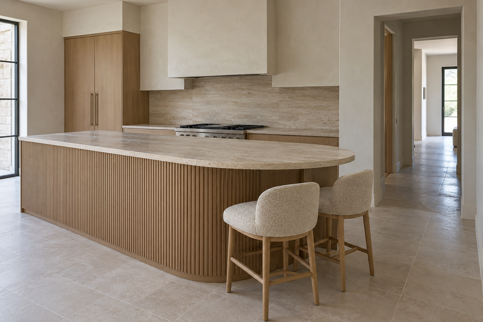 An island with one rounded end faced in fluted oak under a travertine top, two stools set around the curve beside a doorway.
