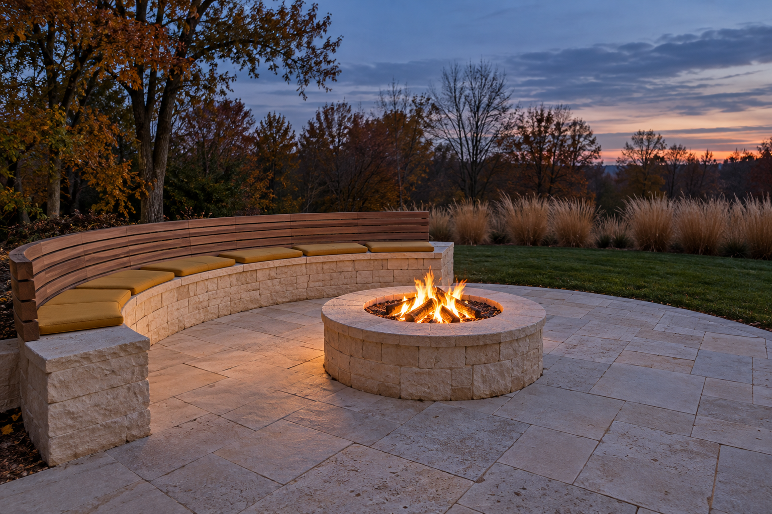 A curved limestone bench with ochre cushions around one side of a round fire pit, with the opposite side left open to the garden.