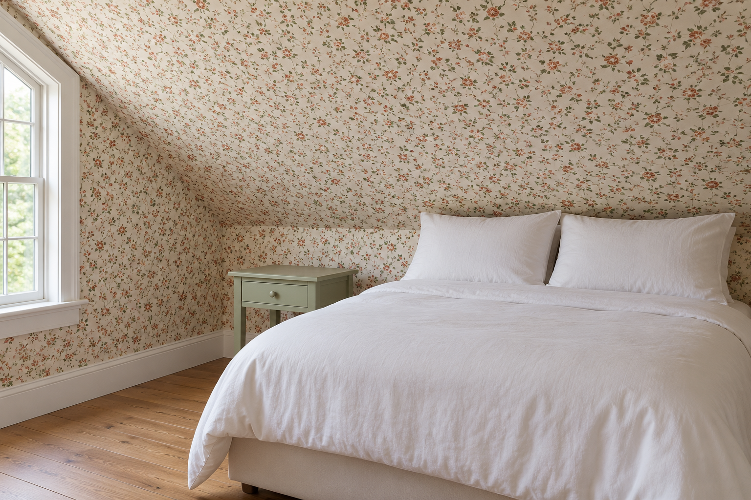 An attic bedroom with a small floral wallpaper running across the knee wall and up the sloping ceiling, the pattern continuing across the angle.