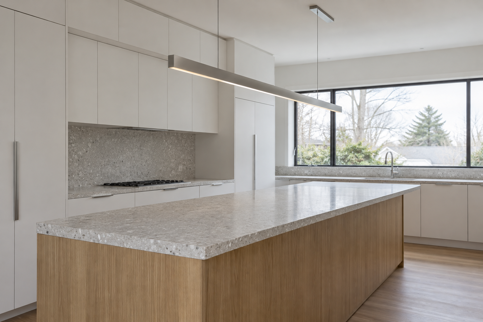 A single long, slim steel pendant hanging along a kitchen island with a pale terrazzo top and a rift oak base.