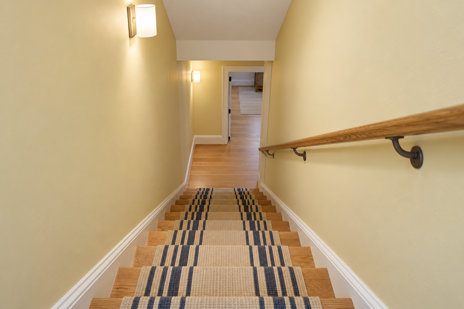 A basement stair seen from the top, with pale yellow walls, an oak handrail, a striped runner on oak treads, and wall lights at the top and bottom.