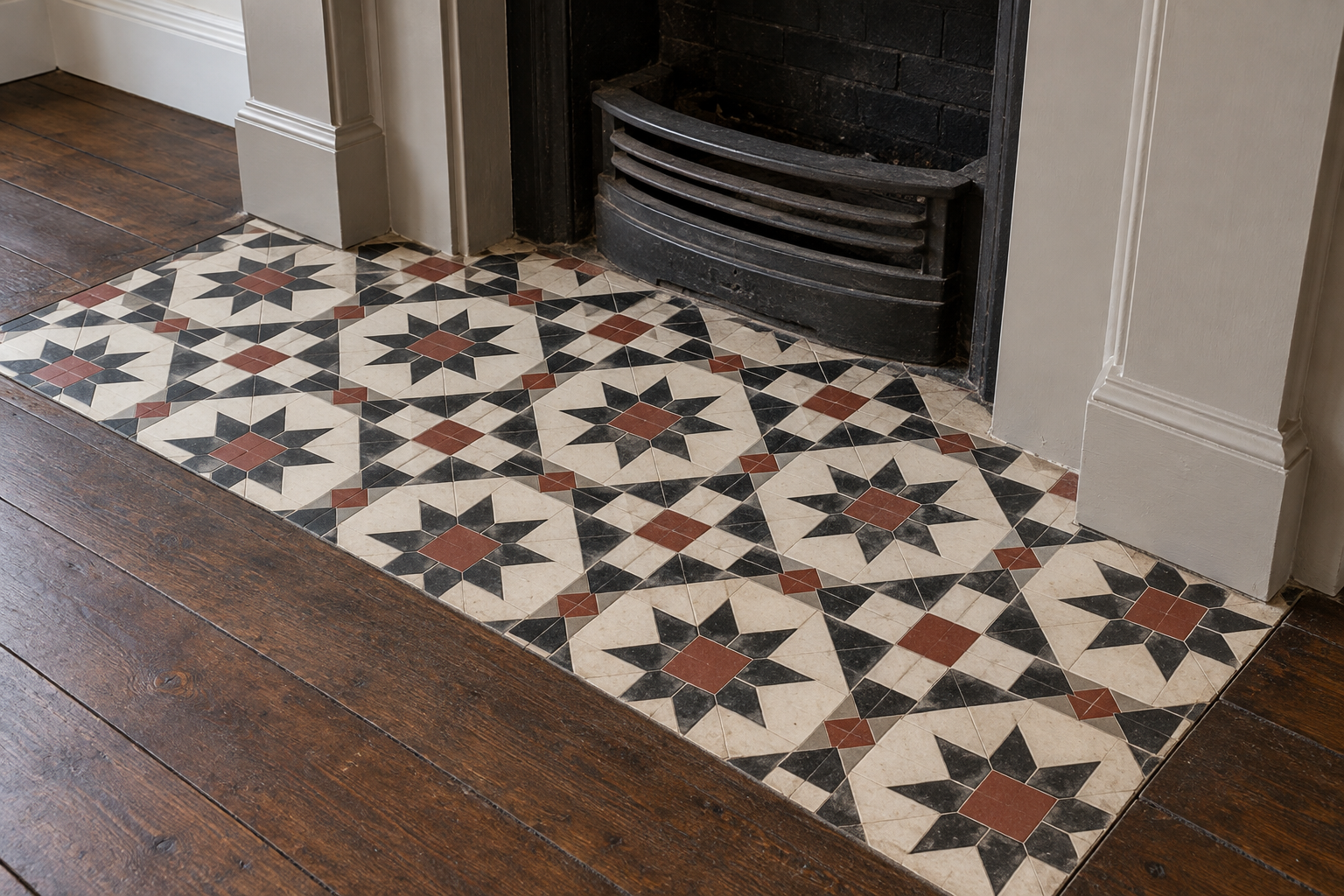A fireplace hearth laid in geometric tiles of black, white, and rust under a plain painted surround.