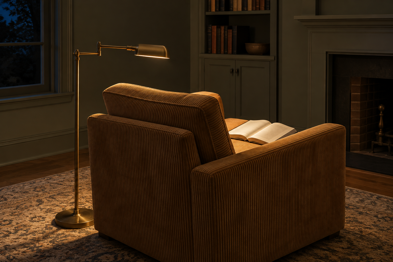 A brass pharmacy floor lamp standing behind the shoulder of a caramel corduroy armchair at night, lighting an open book on the seat.