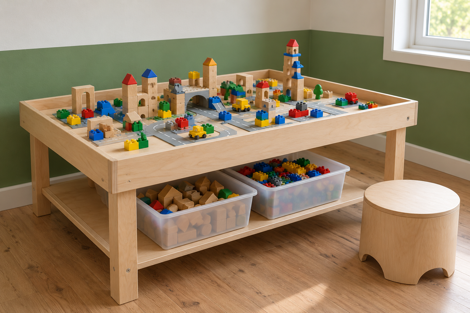 A low plywood play table with a raised edge holding a half-built block city, with bins of loose pieces on a shelf below.