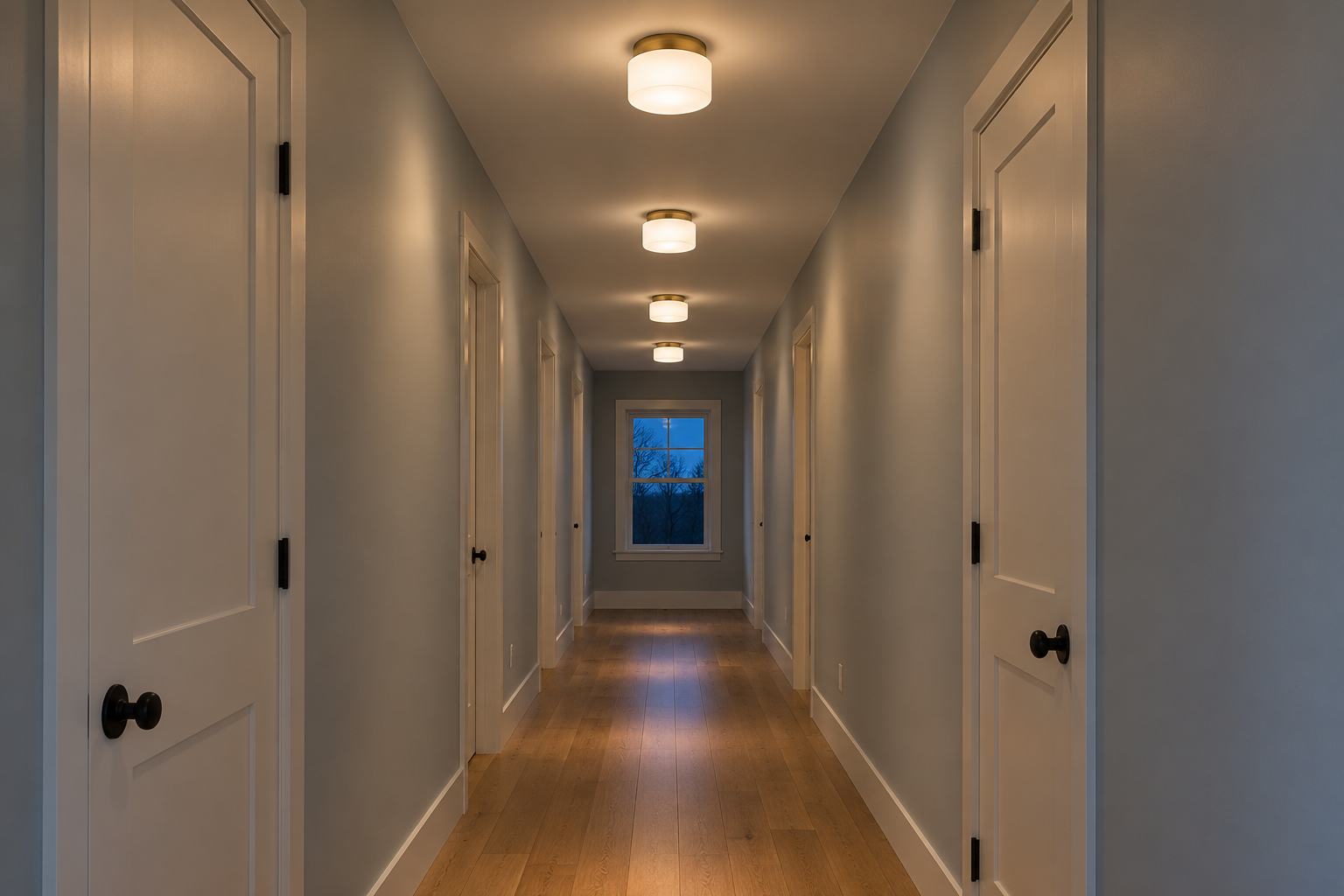 A hallway with four identical small opal glass ceiling lights in a row, lit at dusk.