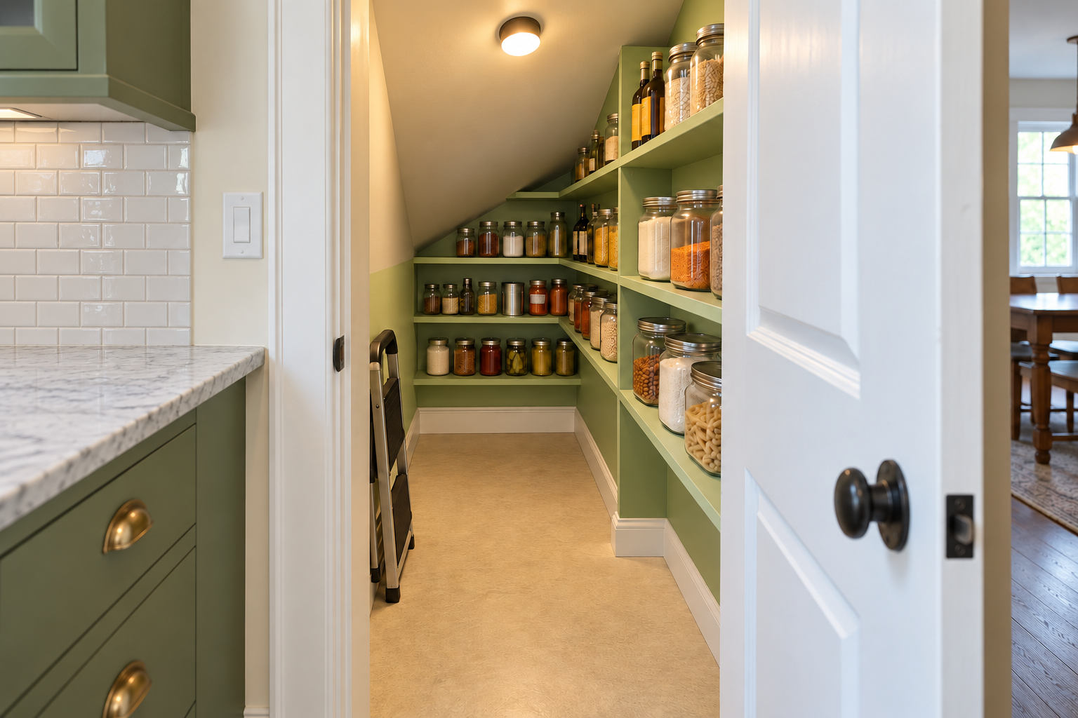 A pantry under a staircase with shallow pistachio green shelves holding single rows of jars and cans around a clear floor.
