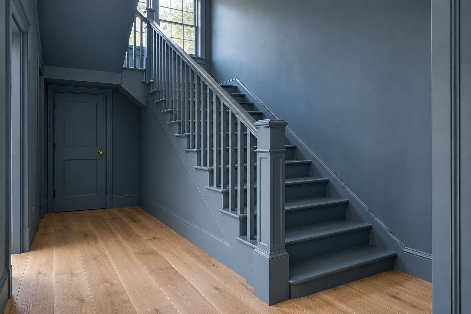 A staircase and stairwell painted entirely slate blue, the treads, balusters, handrail, walls, and ceiling in one color with a soft sheen on the woodwork.