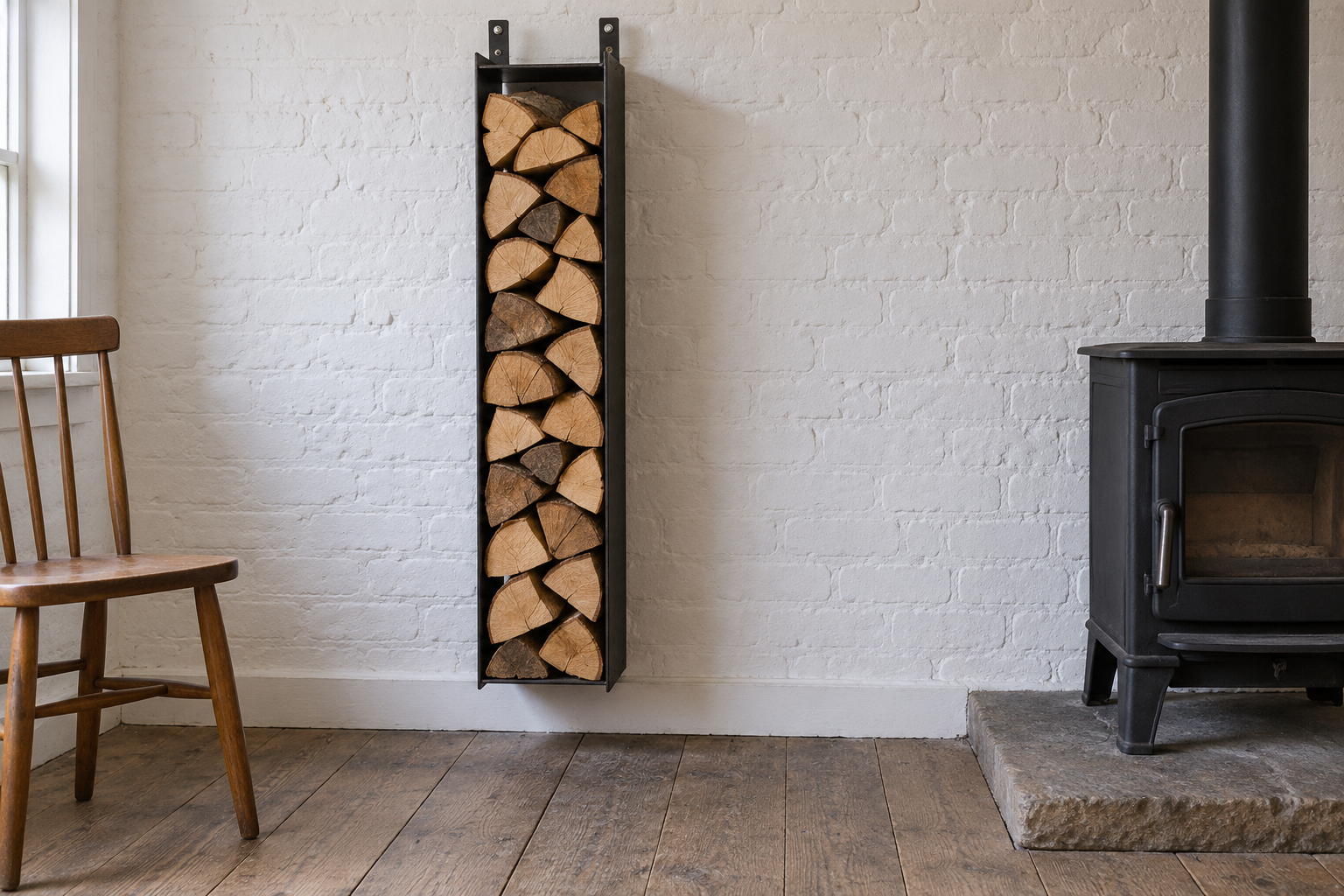 A tall, narrow black steel rack fixed to a white painted brick wall, holding a single column of split logs.