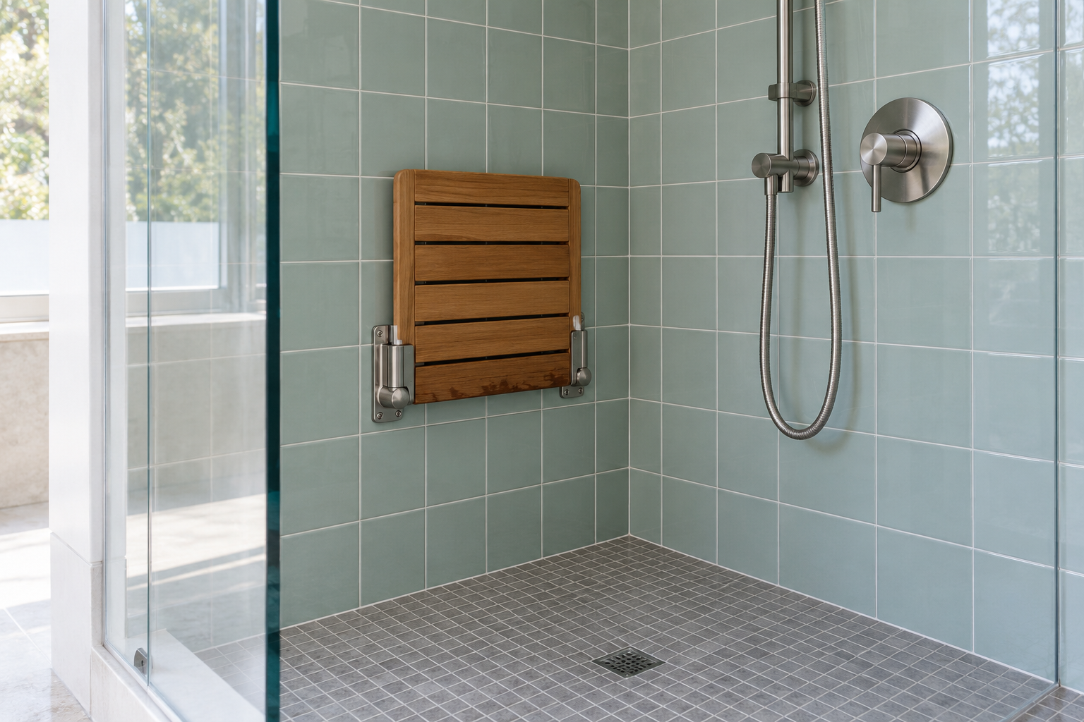 A slatted teak shower seat folded up flat against a wall of pale green tile.