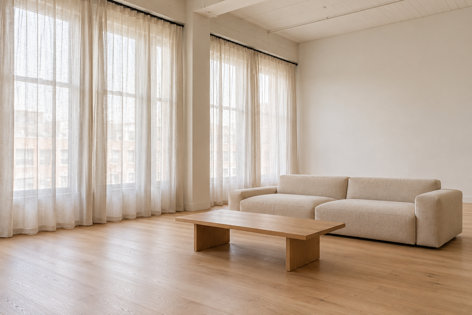 Unlined undyed linen curtains drawn across tall windows, softening the daylight into an even glow across a low living room.