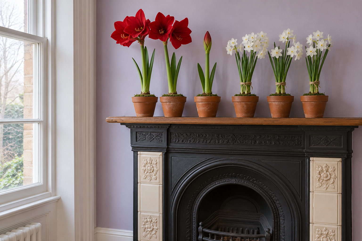 Terracotta pots of red amaryllis and white paperwhites in flower along the mantel of an unlit Victorian fireplace on a lilac wall.