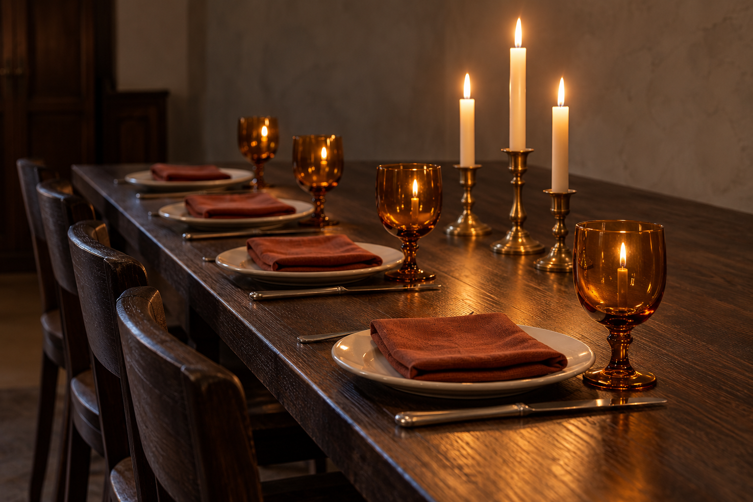 A row of amber glass goblets glowing in candlelight on a dark oak table set with white plates.