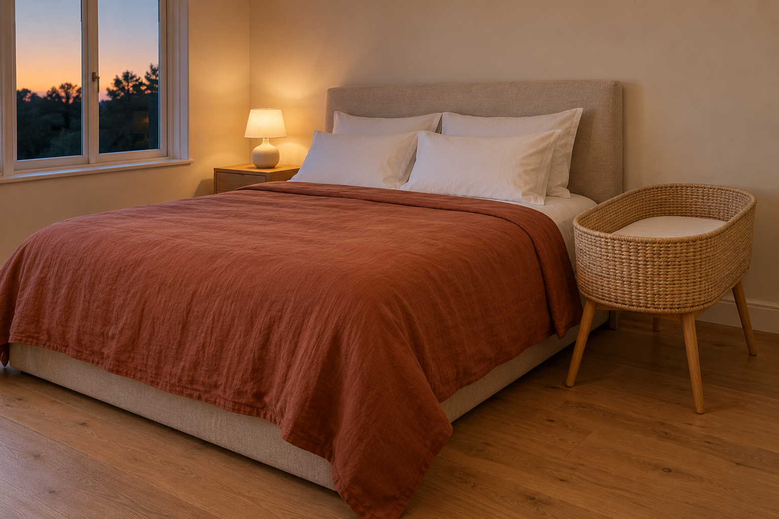 A bedroom at dusk with a bassinet on oak legs beside the bed, bare except for a white fitted sheet, and terracotta linen bedding on the adult bed.