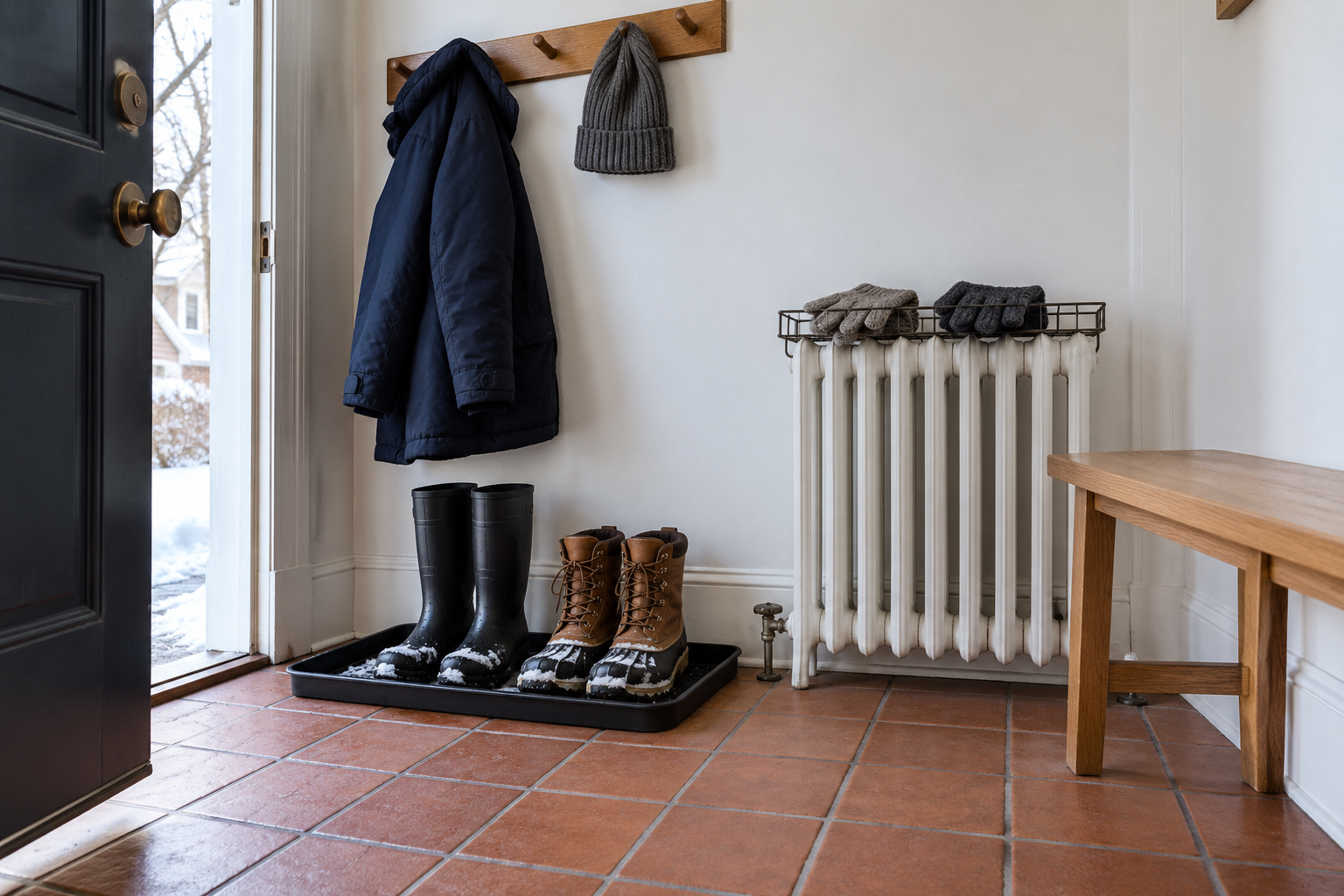 A black boot tray holding two pairs of snowy boots on a terracotta tile entry floor, below an oak peg rail with a wet coat and a hat, and a small rack of gloves beside a radiator.