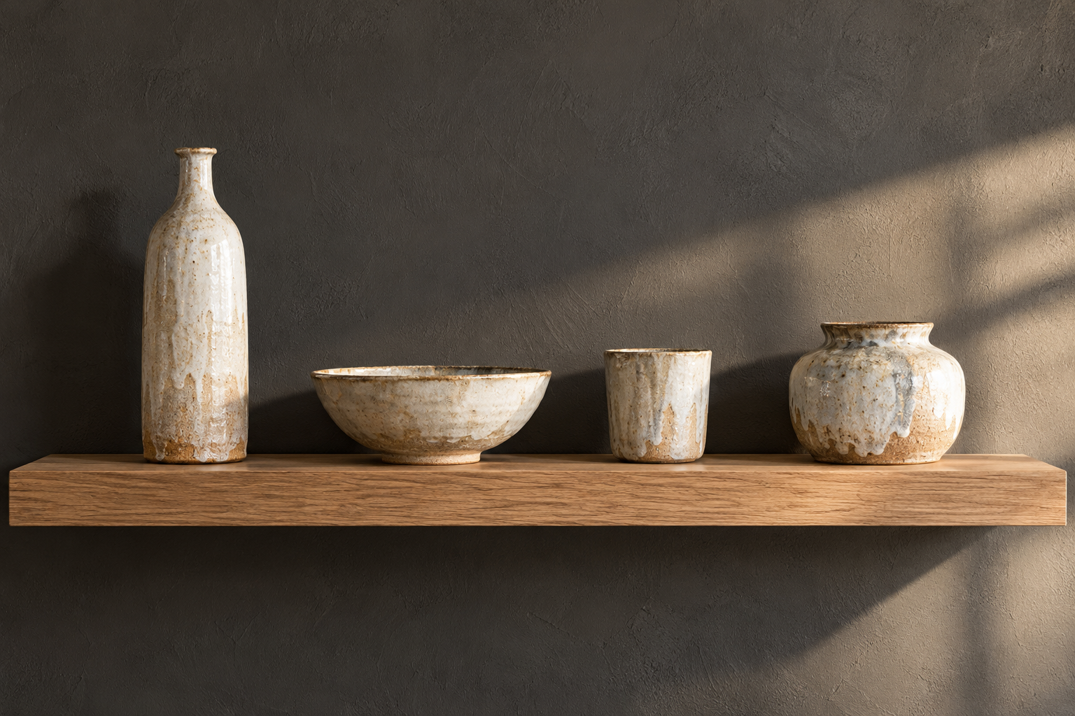 Four handmade stoneware pieces with uneven rims and pale running glazes spaced along one oak shelf against a soft charcoal plaster wall.