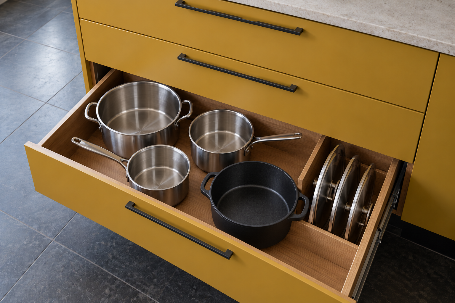 A deep island drawer pulled all the way out, holding pots with their lids stored upright beside them.