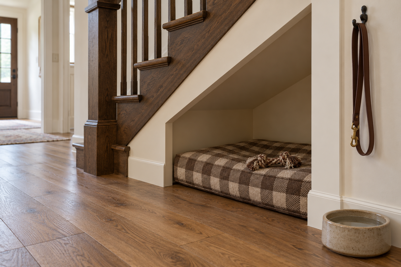 A checked dog bed in an open alcove under the lowest steps of a dark wood staircase, with a water bowl beside it.
