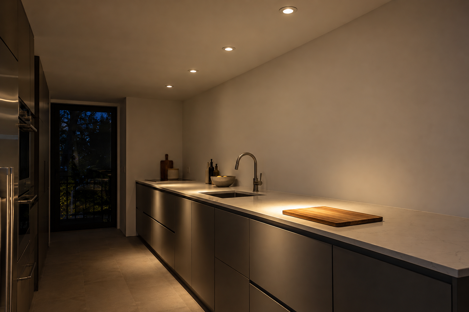 A row of small ceiling downlights placed over the front edge of a kitchen counter, each shining a pool of light onto the countertop.
