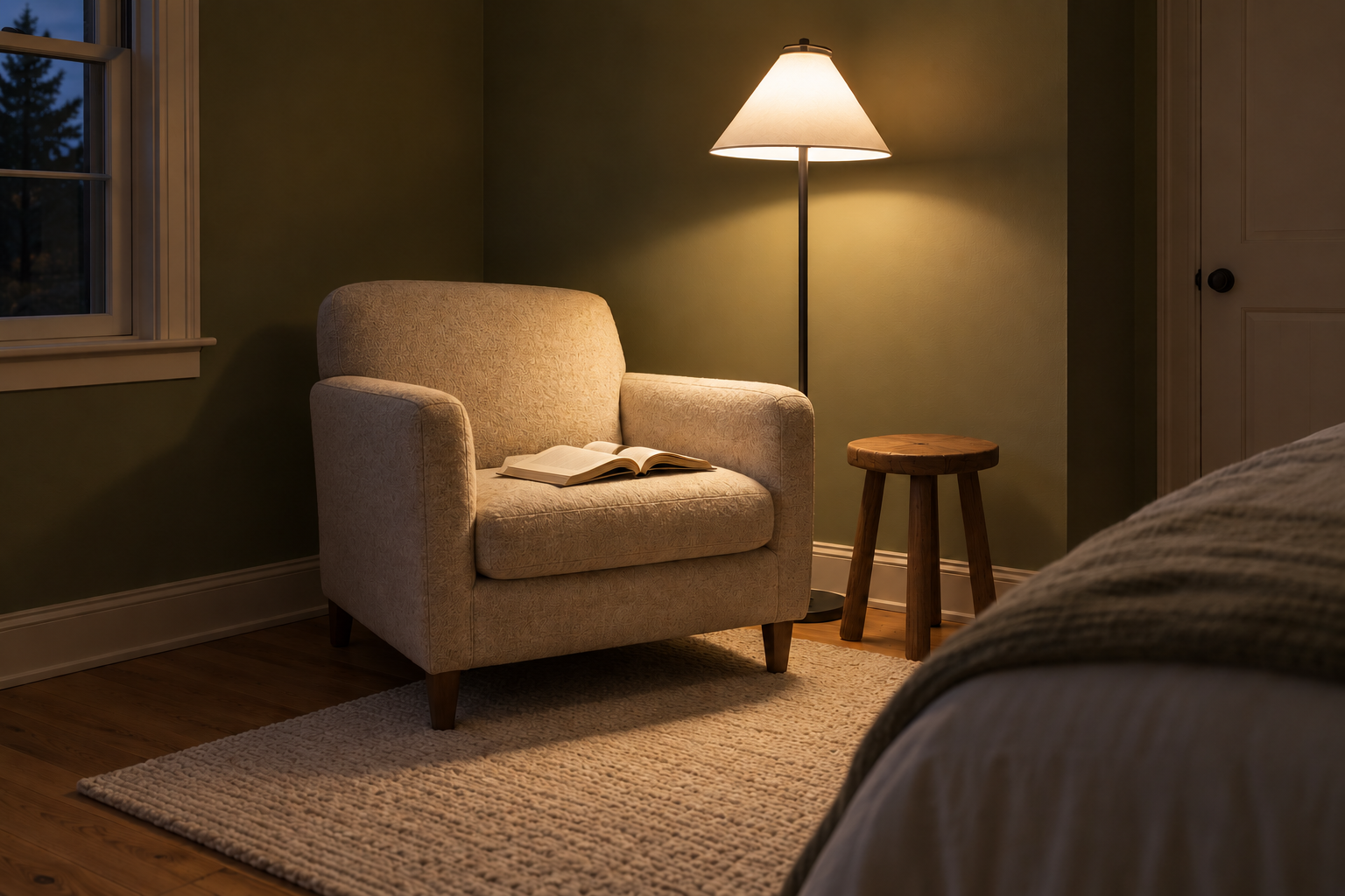 A floor lamp standing behind an armchair in the corner of a bedroom with olive green walls, lighting an open book on the seat.