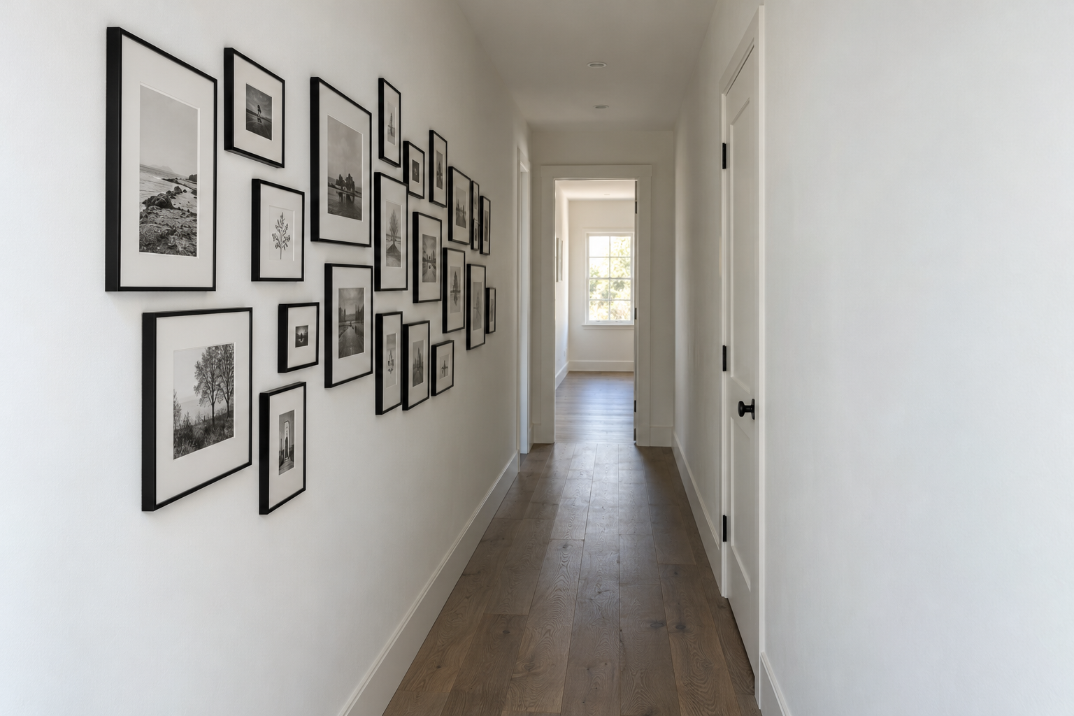 A hallway with about twenty small black-framed pictures hung close together on one wall and the opposite wall left bare.
