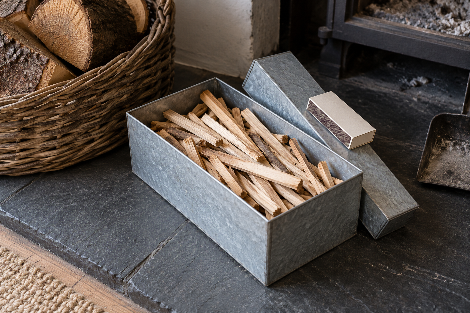 A galvanized tin of thin kindling sticks with a box of matches on its lid, on a slate hearth beside a basket of logs.