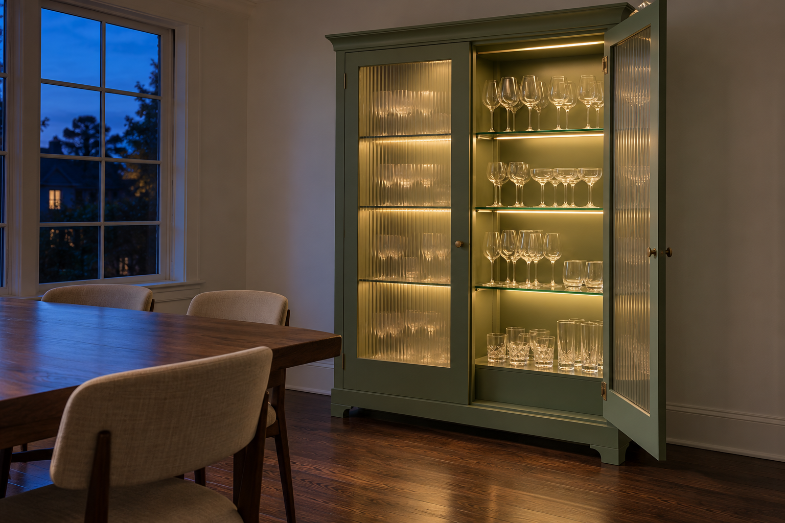 A sage green cabinet with reeded glass doors, one door open, lit from inside at dusk so the glasses on each shelf glow along their edges.