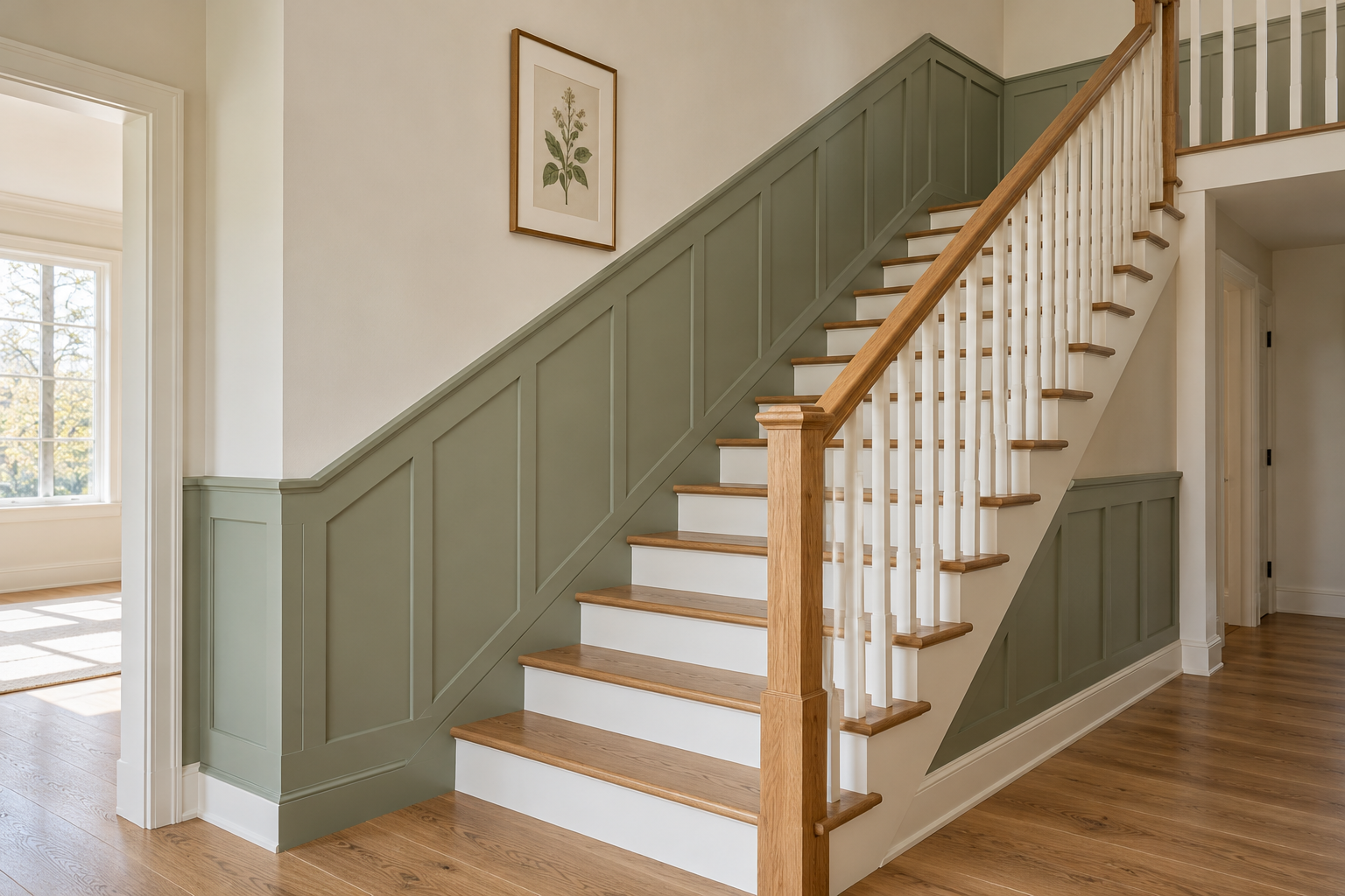 Sage green board and batten paneling on a stair wall, its top rail rising parallel to the stairs, with cream plaster above and one framed print.