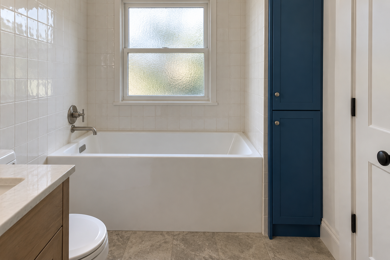 A short, deep white soaking tub in a tiled alcove with a tall cobalt blue cupboard built in at one end.