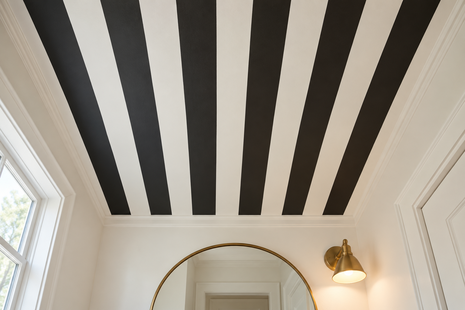The ceiling of a small powder room painted in straight black and white stripes, seen looking up past a round brass mirror and a wall light.